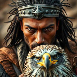 Ancient warrior with his eagle, full view