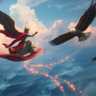 Aladdin rides the magic carpet and flies over the sea, eagles are following him.