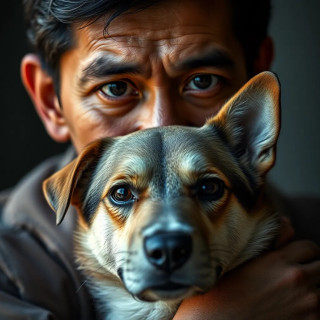 a man with his dog, image style: origami