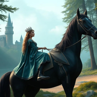 Princess of Sweden in full body riding a black horse in the forest, background: the castle, the beach