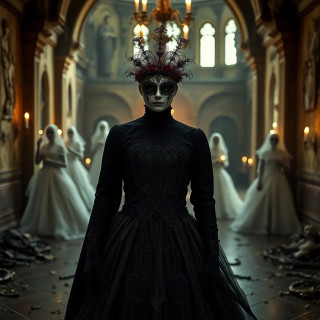 A haunted masquerade ball where ghosts waltz in decaying ballgowns, candlelight flickering in a ruined palace.