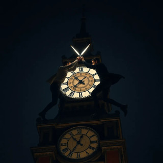 Two rivals dueling atop a clock tower at midnight, gears turning behind them, each strike perfectly timed.