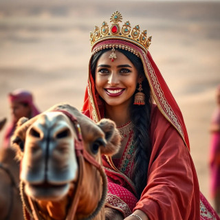 Happy Arabic glorious princess, in full body, She is riding a camel in her marriage ceremony. She is smiling and greeting people