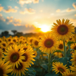 A vibrant sunflower field under a golden sunset, ultra-detailed, with bees hovering over the blooms, cinematic lighting.