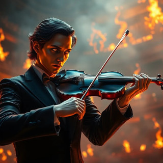 Phantom of the Opera-style figure playing a violin in a burning theater, flames frozen in time.  Phantom of the Opera-style figure playing a violin in a burning theater, flames frozen in time.