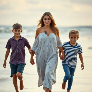 A glorious woman walking with her 2 children. she is hold their hand at the beach.