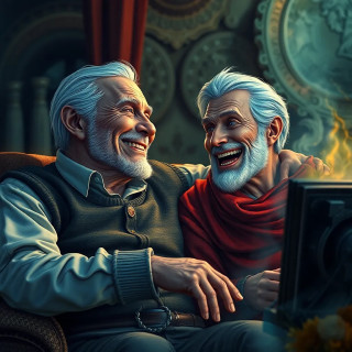 old couple laughing and watching tv