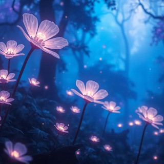 Glowing bioluminescent flowers in a mystical forest, floating pollen sparkles, ethereal blue and purple hues, fantasy art style.