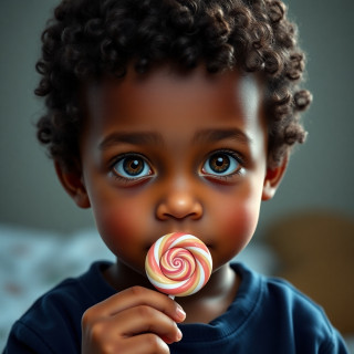 Boy with round face, 1 year old, brown skin, short curly hair, brown eyes, wearing dark blue pajamas, holds a lollipop in his hand
