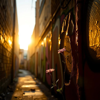 A gritty alleyway at sunset revealing hidden beauty — vibrant graffiti, a single blooming flower in a crack, golden sunlight reflecting off broken glass — digital art, photorealistic.