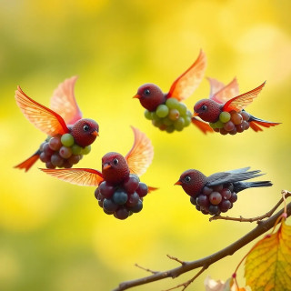 Four small birds, fashioned from bunches of grapes, are depicted in flight.  Two birds are composed of green grapes, and two of dark purple/red grapes.  The birds have delicate, translucent, reddish-brown wings, and small, simple beaks and eyes, all made from the same materials as the wings.  They are in various positions in the image, appearing to be in mid-flight. The birds' bodies are formed by clusters of grapes, with visible water droplets.  They are positioned on branches of a vine or tree, with the branches and leaves softly blurred out of focus in the background.  The background is a light, out-of-focus green, yellowish-green, and golden-yellow, creating a bright and airy feel. The lighting seems natural and soft, highlighting the birds' forms.  The overall style is playful and whimsical, like a child's drawing or a still life. The perspective is from slightly above and slightly angled to provide a close-up view. The composition showcases the birds against the out-of-focus background, drawing attention to them.