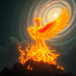 A phoenix rising from golden flames, celestial sky with swirling galaxies.