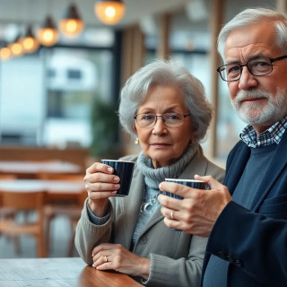 Old couple drinking coffee