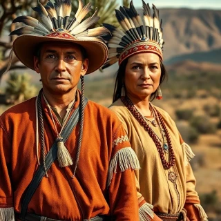 Native Americans couple wearing traditional clothes in the year 1733, background: Texas desert