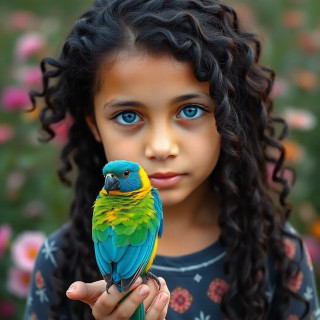 A very beautiful 11 years old girl, long curly black hair with blue eyes, a colorful bird on her hand, background: flowers
