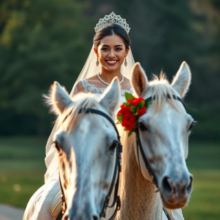 Happy, beautiful, glorious bride, in full body, She is riding a white horse and holding red corsage . She is smiling and greeting people