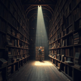 Ancient library with floating books and a beam of light illuminating a single reader, dust motes swirling like gold.