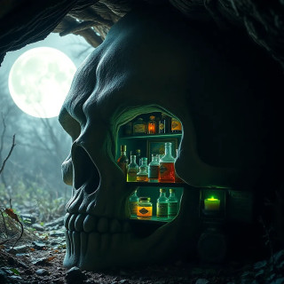 A witch’s apothecary inside a hollowed-out giant skull, potions glowing ominously in the moonlight.
