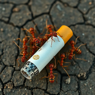 A group of ants working together to carry a large full cigarette, top-down macro shot, highly detailed texture on the ants and cigarette, realistic lighting and shadows, cracked earth background, the cigarette appears huge compared to the ants, documentary-style photography