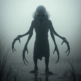 A shadowy apex predator with a faceless head and too many limbs, lurking in the fog of an alien marsh, eerie and unsettling.