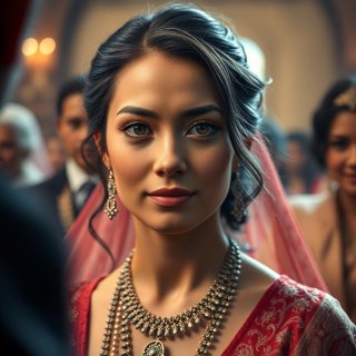 Woman with round face, 35 years old, light brown skin, dark brown hair, brown eyes, wearing Glorious clothes in her marriage ceremony and greeting gests