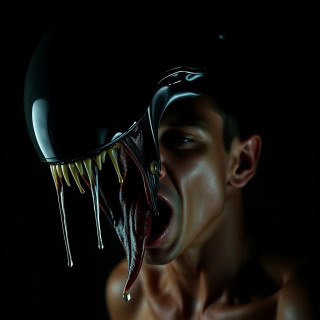 Alien facehugger lunging from the darkness, saliva dripping, reflected in the victim’s terrified visor—sci-fi horror.