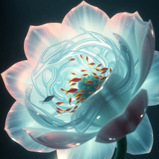 A giant transparent flower filled with swirling water and tiny fish, as if it’s an aquatic habitat, surreal fantasy art.