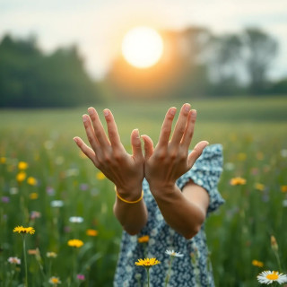 A meadow where flowers bloom in the shape of human hands, reaching for a sun that never moves.