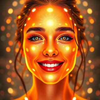 A glowing digital interface that reacts to facial expressions, adjusting colors and content live. The user's smile triggers soft lighting and soothing animations — stylized in a surreal, dreamlike art style with warm tones and soft blur."