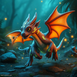 A playful dragon-puppy hybrid with bioluminescent spots, chasing firefly-like drones in an alien backyard.