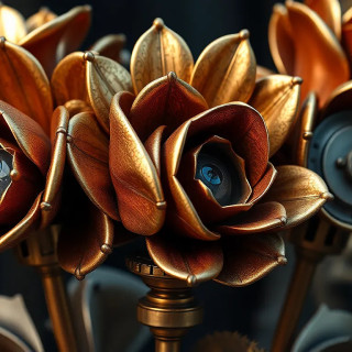 Mechanical steampunk roses with brass petals and clockwork stems, intricate gears, sci-fi aesthetic.
