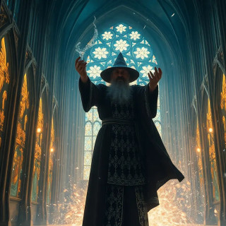 Wizard summoning a storm inside a cathedral, stained glass shattering outward in slow motion, divine energy crackling.