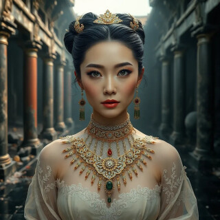 A raw professional quality photorealistic high-detail textures photo of a mature 35 year old stunning sultry Korean regal female empress with pale hazel-green & grey eyes with slightly dripping dark smoky black mascara and shimmering jade & bronze eyeshadow. She has large voluptuous C-cup breasts and a sensuous body, standing in a dark ruined ancient Chinese palace with no roof, jade pillars and broken collapsed dark stone walls & black marble floor in a dense swamp green fog. She wears an ornate ivory silk lace choker with intricate very pale gold filigree adorned with diamonds, jade & amber with delicate chains. she wears delicate see-through frayed silk ribbon mud-stained mummy wrapping around her upper torso in a halter style with a few dark sage & muddy green ribbons interwoven. She wears a floor length very low rise skirt very pale taupe/sage green at the top becoming a dark sage & muddy green at the floor. an opulent dark sage & muddy green outer robe, richly embroidered with very pale gold filigree, flowing multilayered crushed woven chiffon silk sleeves and a layered skirt create elegant movement. A broad embroidered muddy sage green silk jeweled belt sits low on her hips; delicate fine pale gold lotus motif body chain with jeweled jade & amber tassels wraps her torso. Her long wild dark hair frames a towering crown of horned branches with small jade, pale gold & ivory flowers, with long thin withered writhing dark dead branches with tiny white flowers, a diffused halo of ultraviolet light above. She extends her hands slightly downward. Dense fog with small floating flecks of light with a luminous diffused emerald green glow, many tiny balls of emerald green glowing light. Textures: silk, brocade, metallic threads. Lighting: soft moonlit glow, cinematic, high-contrast. Mood: serene, majestic, mystical. Style: hyper-detailed high fantasy illustration, ultra-realistic textures, 8K resolution.