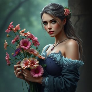 Beautiful Woman holding pink flowers