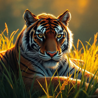 A tiger resting in tall grass, golden sunlight casting long shadows.
