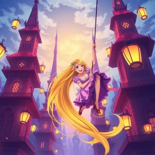 “Rapunzel swinging from her glowing hair between towering lantern-lit spires, joyful shout, Pascal clutching on, dynamic Dutch angle”