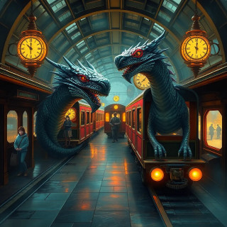 A interdimensional train station where passengers board carriages pulled by clockwork dragons, departing to Escher-esque worlds.