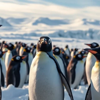 “Gentoo penguin colony on icy Antarctic peninsula, endless glacier cliffs stretching across horizon, swirling katabatic snow, photographic, panoramic view”
