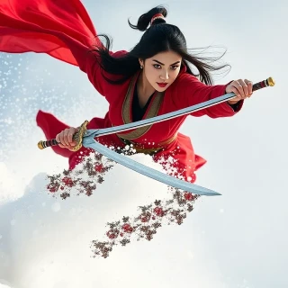“Mulan in mid-leap deflecting avalanche debris with her sword, snow plume exploding around her, crimson cape billowing, fierce resolve in her eyes”