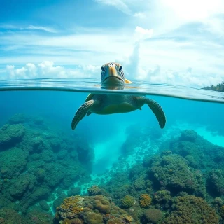 “Leatherback sea turtle gliding over technicolor coral reef drop-off, split-level half-underwater frame showing turquoise lagoon and palm-lined shore, photographic, panoramic view”