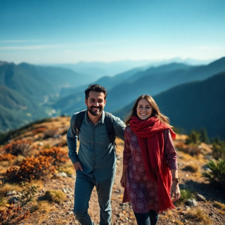 happy couple walking in the mountain