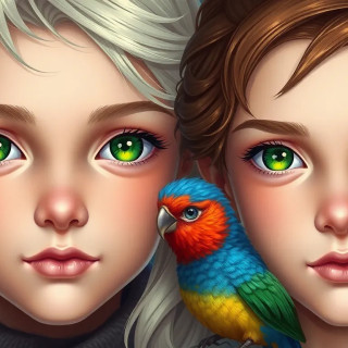 2 very beautiful 8 years old? BOY AND  girl,  with green eyes,  a colorful bird on THEIR heads, background: flowers