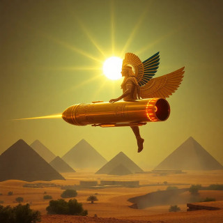 The Egyptian god Ra piloting a golden solar spaceship over the pyramids, shooting sunbeams from mechanical wings, cosmic desert backdrop, ancient-future fusion