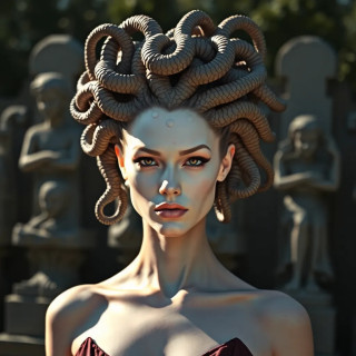 Medusa as a high-fashion icon, serpents braided into an avant-garde hairstyle, pale glowing skin, sharp shadows, stone statues behind her, editorial-style photography