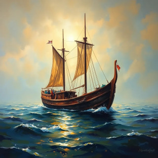 Ancient commercial ship in the sea, oil painting