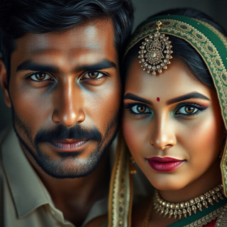indian couple: man and woman, full body, handsome man, beautiful woman, glorious