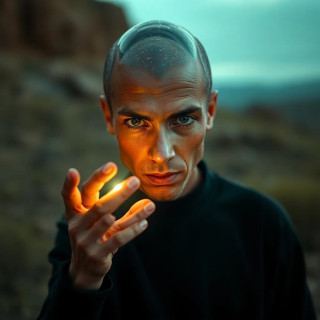 First contact with an alien species—human and extraterrestrial fingertips touching, glowing light between them.