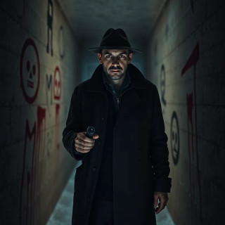 Detective entering a serial killer’s lair, flickering flashlight revealing bloody symbols on the walls, breath visible in the cold.