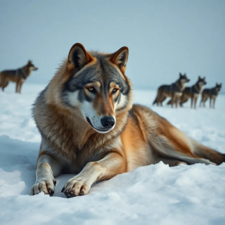 An old wolf lying in the snow, breath shallow, as a pack howls in the distance—melancholic and poetic.