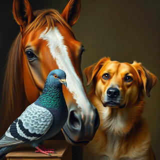 Pigeon, horse and dog, oil painting